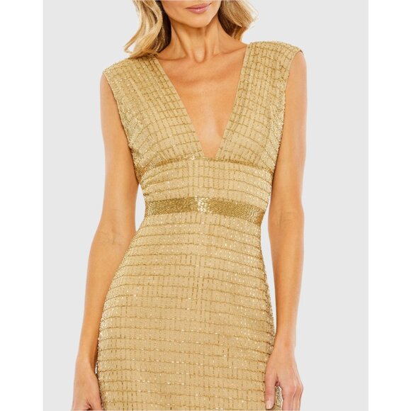 NEW $598 Mac Duggal 5625 Size 16 Gold Beaded V-Neck Column Long Maxi Gown‎ Dress - Picture 3 of 6